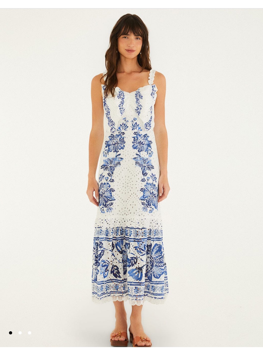 Farm Rio White And Blue Floral Eyelet Midi Dress